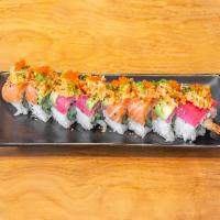 1. Sun Kitchen Special Roll · Shrimp tempura and cucumber, topped with tuna, salmon, avocado, spicy crab, and tobiko, gree...