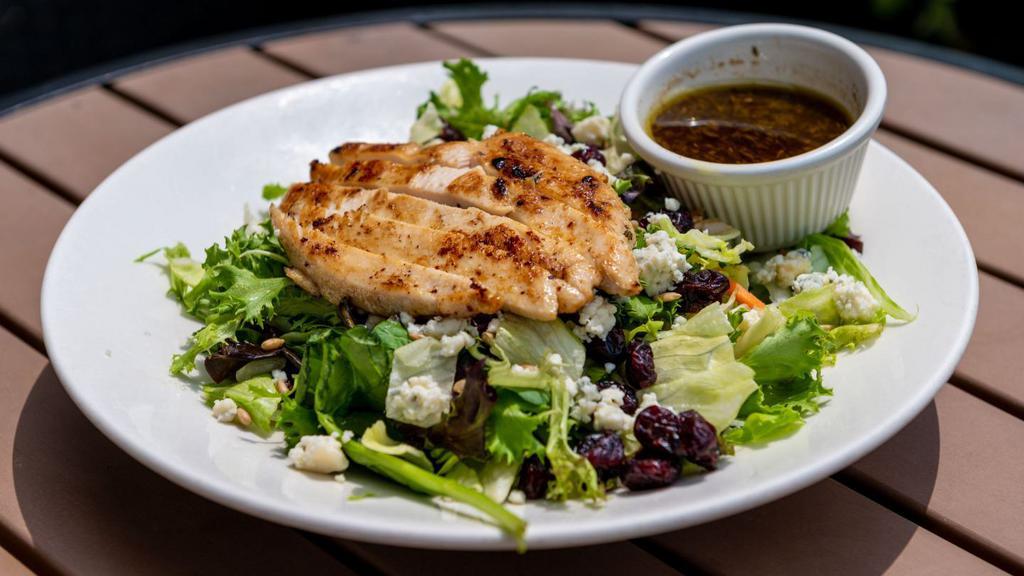 Balsamic Grilled Chicken Salad · A balsamic vinaigrette marinated chicken breast, grilled and served atop organic spring and romaine mix with sunflower seeds, craisins, and Gorgonzola cheese.