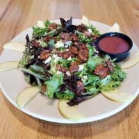 Apple & Candied Walnut Salad · Organic spring and romaine mix with candied walnuts, apples, and feta cheese. Served with a ...
