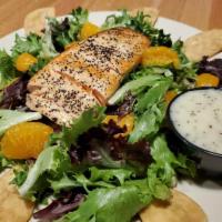 Salmon Salad · A 4 oz. salmon fillet served atop organic spring and romaine mix with mandarin oranges and p...