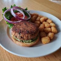Veggie Black Bean Burger · Our house-made black bean and rice patty topped with house-made guacamole, lettuce, and onion.