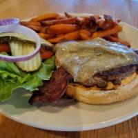 Tur-Bacon Burger · A grilled, all-natural umami turkey burger topped with chipotle Jack cheese, 2 strips of App...