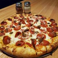 The Meaty Kuzola Pizza · Pepperoni, Chatham tap sausage, and rasher bacon.