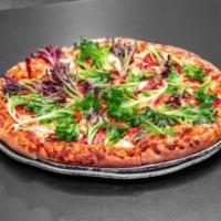 The Robert Browning Specialty Pizza · Cappicola ham, Genoa salami, pepperoni, banana peppers, and spring mix with Italian dressing.