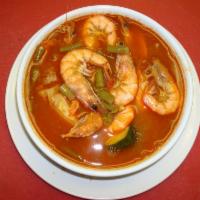 Caldo de Camaron · Shrimp mix soup. Traditional soup from Mexico. Made with fresh shrimp, vegetables and other ...