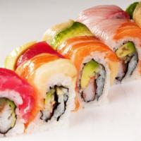 SR6. Rainbow Roll · California roll with 5 kinds of assorted fish on top.