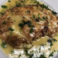Veal Francaise Lunch · Veal medallions dipped in egg batter, then prepared with lemon, butter and white wine.