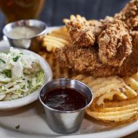 Southern Fried Chicken Strips · Seasoned fries with sides of country gravy and Morenci Copper Ale BBQ sauce and creamy slaw.