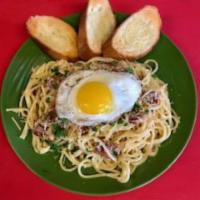 Bacon and Egg Carbonara · Fresh cooked to order bacon tossed in a cream sauce. Cream, fresh minced garlic, Parmigiano ...