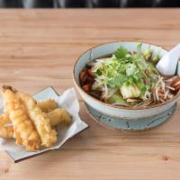 S5. Shrimp Tempura Soup · Made with vegetables in a clear broth shrimp is served on the side. Served with choice of no...