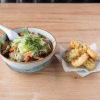 S6. Vegetable Tempura Soup · Made with steamed vegetables in a clear broth. Vegetable tempura is served on the side. Serv...