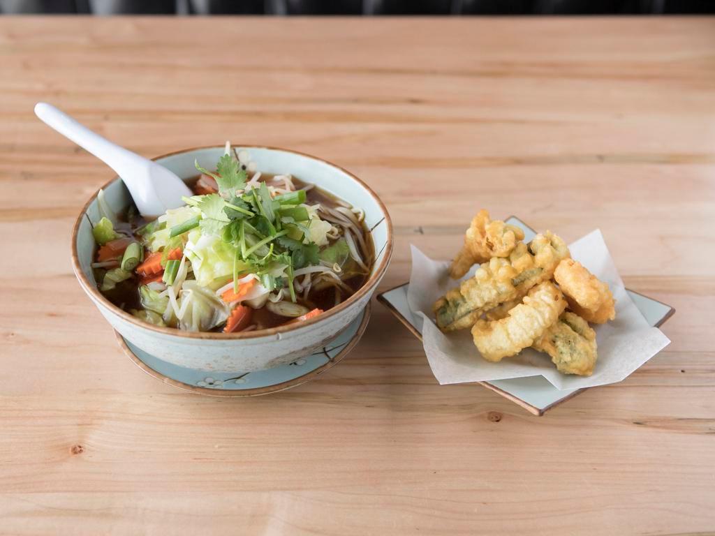 S6. Vegetable Tempura Soup · Made with steamed vegetables in a clear broth. Vegetable tempura is served on the side. Served with choice of noodles.
