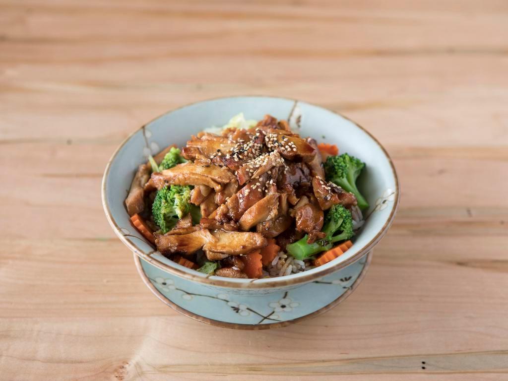 R2. Teriyaki Chicken Bowl · Teriyaki chicken with steamed vegetables on top of rice with teriyaki sauce. Substitute for fried rice for an additional charge.