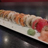 Rainbow Roll · California roll with a variety of raw fish on top.