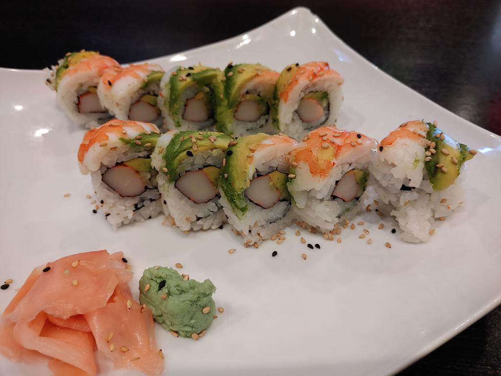 Tiger Roll · California roll with shrimp, and avocado on top.
