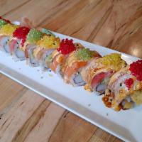 3 Amigo Roll · Shrimp tempura, crab, avocado, cucumber inside, tuna, yellow tail, salmon, fish eggs, and sr...
