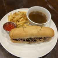 French Dip Sandwich · Thinly sliced roast beef, Swiss cheese, hoagie bun, with side of creamy horseradish and Guin...