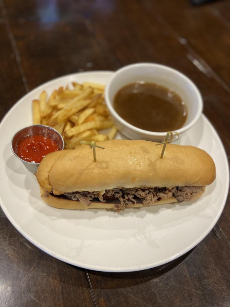 French Dip  · Thinly sliced roast beef, swiss cheese, hoagie bun, with side of creamy horseradish and Guinness stout au jus.