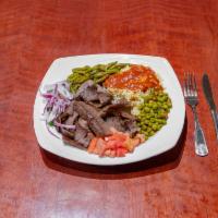 Gyro Plate · Sliced seasoned lamb and beef mix topped with onions and tomatoes, served with pita bread.