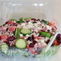 4. Coco Salad · Tomato, cucumber, onion, Kalamata olives, feta cheese, ham and dried cranberries over mixed ...