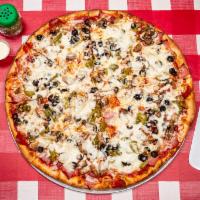 The Special Pizza · Loaded with pepperoni, sausage, ham, mushrooms, green peppers, onions, and olives on our ny ...