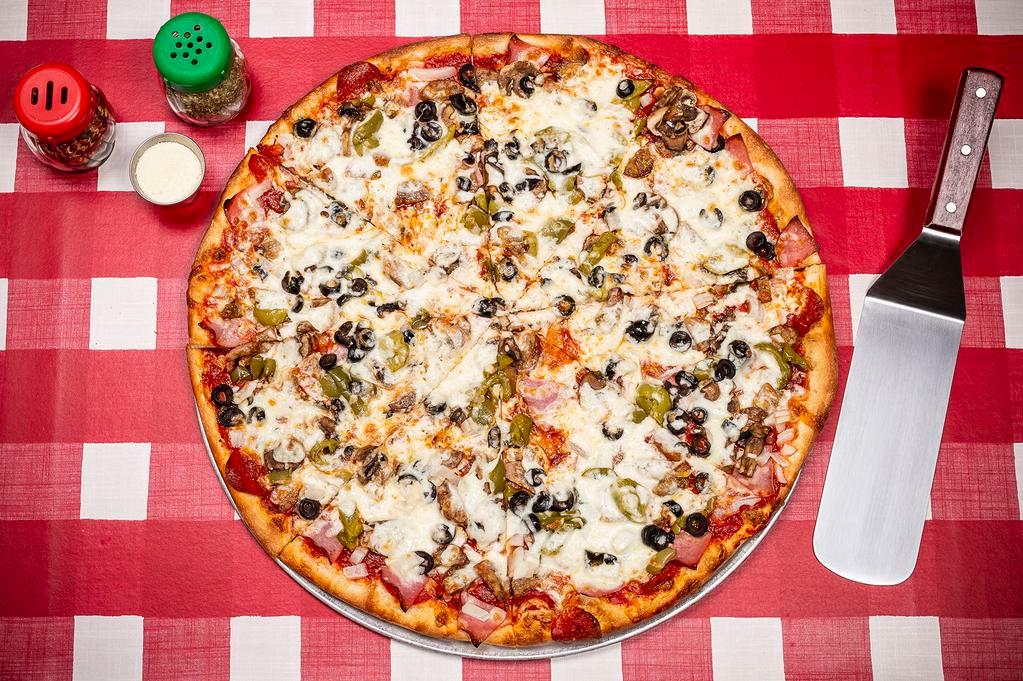 The Special Pizza · Loaded with pepperoni, sausage, ham, mushrooms, green peppers, onions, and olives on our ny style pizza creating what we call 