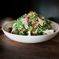 Kale and Quinoa Salad · Organic kale, quinoa, red grapes, red bell pepper, sunflower seeds, Parmesan cheese in a lem...