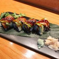 New York Roll · Tuna, yellowtail and avocado roll with eel on top.