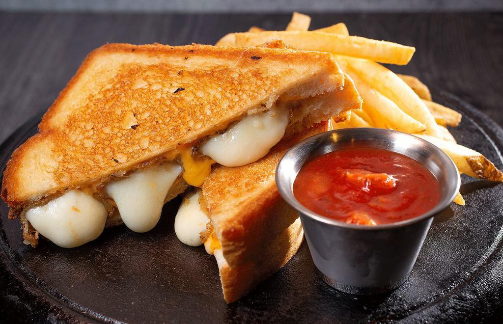 Almost Famous Mozzarella Melt Sandwich · Breaded mozzarella sticks fried golden brown smothered with American cheese melted between Texas toast. Served with marinara dipping sauce.