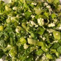 Prasini Salad · Thinly shredded romaine with scallions, dill, crumbled feta cheese tossed with extra virgin ...