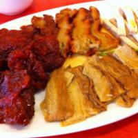 1. Combination Platter  · Soybean sheet, BBQ pork, tofu, and sweet and sour wheat gluten.