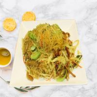 Singapore Style Chow Rice Vermicelli · Curry flavored thin rice vermicelli stir fried with veggie BBQ pork, soy ham and mixed veggi...