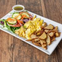 Holy Bagel’s Breakfast · 2 eggs any style homemade potatoes, and a side salad.