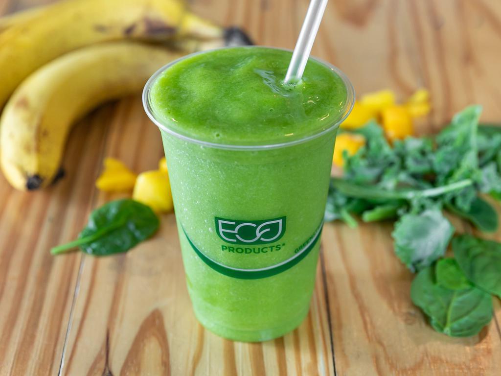 The Greenline Smoothie · Mango, banana, Kale, spinach, apple juice.