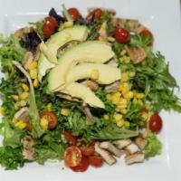 Chicken Salad · Grilled chicken, Arcadian mix, avocado, cherry tomatoes, corn, lemon dressing and extra virg...
