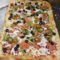 Supreme Sicilian Pizza · Pepperoni, Canadian bacon, hamburger, sausage, mushrooms, green peppers, onions and black ol...