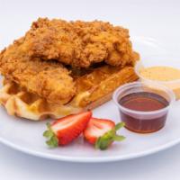 Chicken and Waffles · 2 jumbo fried chicken tenders on a liege waffle.