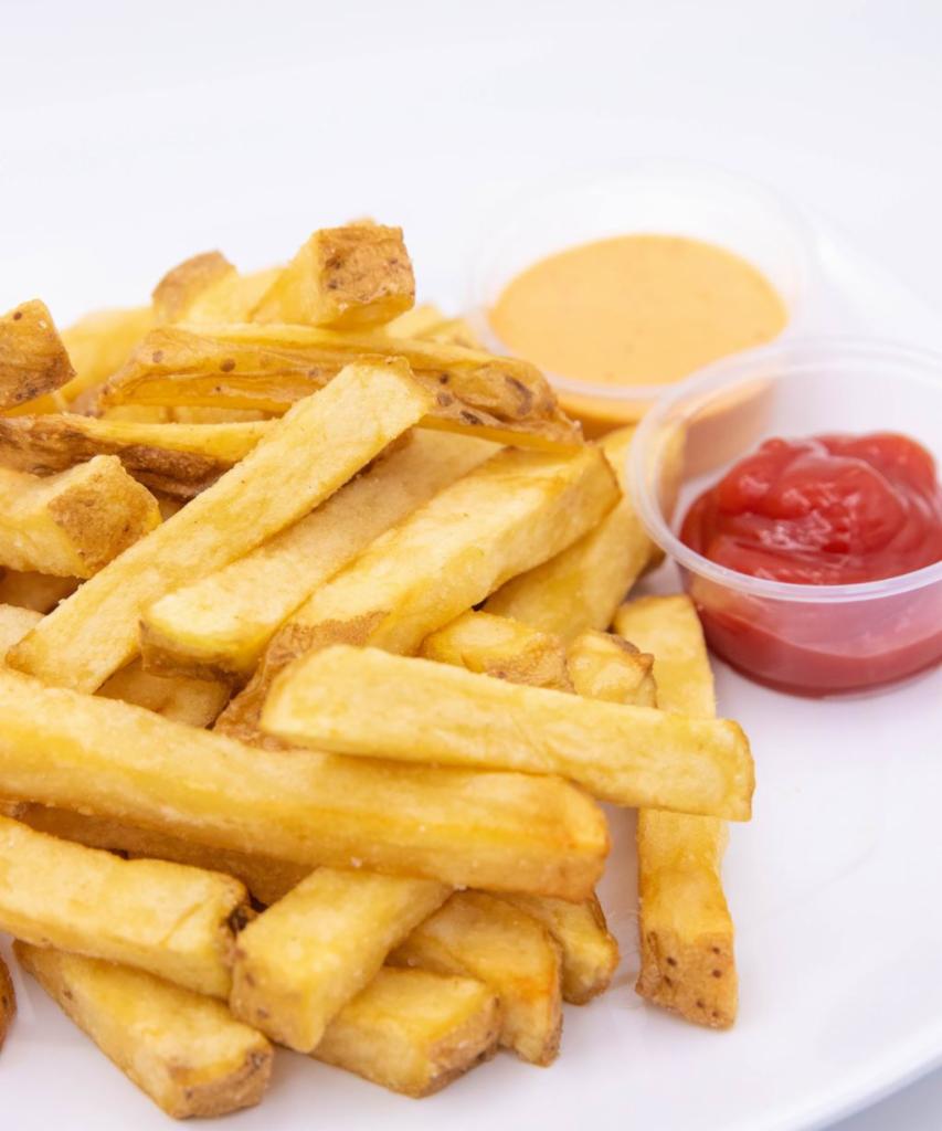 Chicken and Fries · 2 hand breaded fried chicken tenders and side of fresh cut thick fries. 