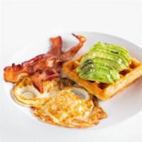Breakfast Plate · 2 eggs, 2 slices of bacon, sliced avocado & a croissant waffle
