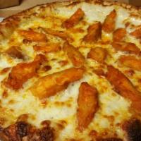 Buffalo Chicken Pizza · No red sauce. Prepared with ranch sauce, mozzarella cheese and blue cheese crumbles on top o...