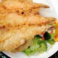 Prawn Tempura · 3 fileted, hand battered deep-fried prawns served with vegetable tempura, stir-fried vegetab...