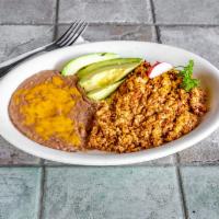 Huevos Con Chorizo · Eggs scrambled with Mexican sausage served with rice and beans