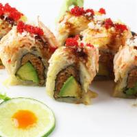 Hot Mama Roll · Lightly fried spicy tuna avocado roll topped with crabstick and mango glazed with spicy onio...