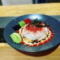 Pyramid · Ahi or salmon. Sushi rice topped with spicy tuna or fresh salmon, topped with seaweed, avoca...