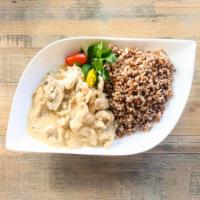 Chicken Stroganoff With  Mushrooms in Creamy Sauce · Served with mashed potato or rice or buckwheat