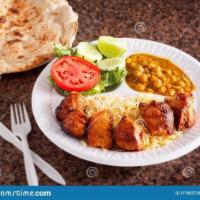 Chicken Tikka Kabob Platter · Lunch portion of Bawarchi Chicken Tikka Kabob served with Basmati Rice, Chick Pea Curry, Naa...