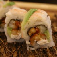 Cajun Shrimp Roll · Inside: fried crawfish, avocado, cream cheese. Top: boiled shrimp, avocado, spicy eel sauce,...
