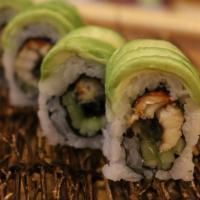 Caterpillar Roll · Inside: baked eel, cucumber
Top: avocado, eel sauce