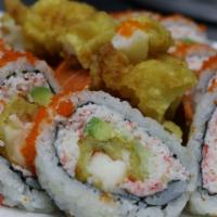 Lobster Roll · Inside: fried lobster, crabmeat, cucumber, avocado. Top: masago, spicy mayo, eel sauce.