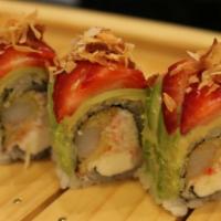 Strawberry Shortkcake Roll · Inside: shrimp tempura, crabmeat, cream cheese. Top: avocado, strawberry, coconut flakes, ee...